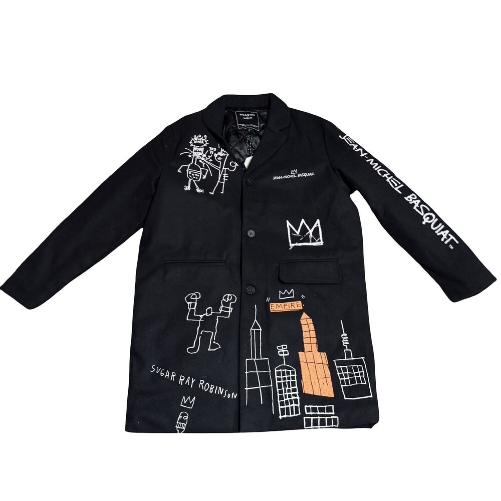 NWT REASON x Basquiat Coach Jacket S Black Graffiti Art Skull Crown Streetwear